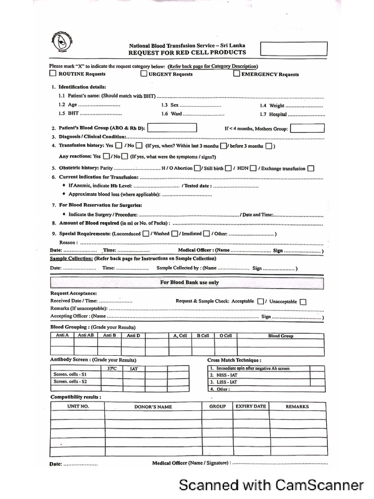 Request For Red Cell Products | PDF