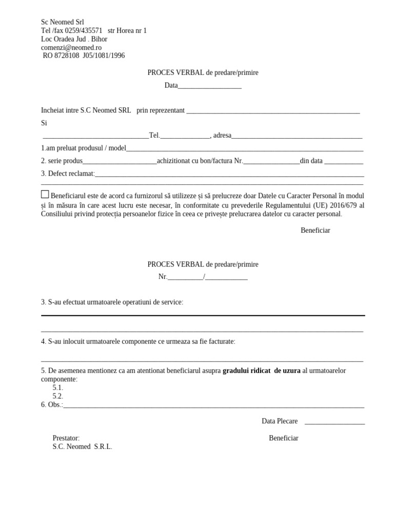 PROCES VERBAL de Predare Primire | PDF