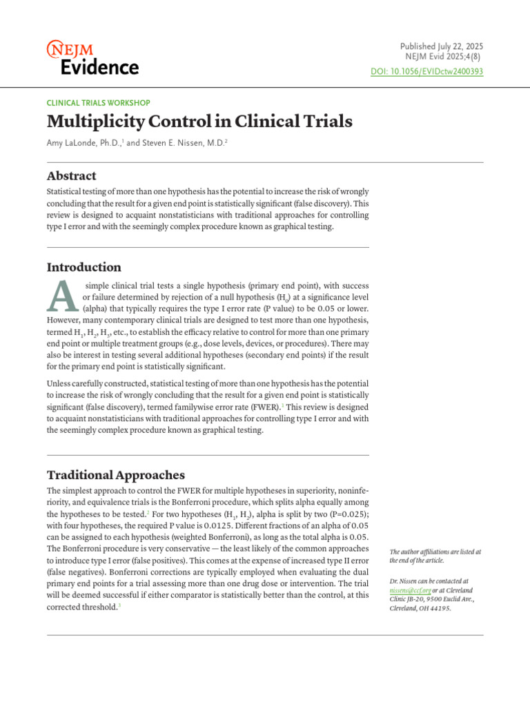 Multiplicity Control in Clinical Trials. | PDF | Type I And Type Ii ...