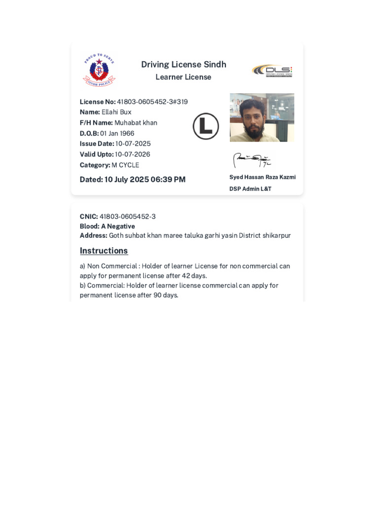 Sindh Learner License Details | PDF
