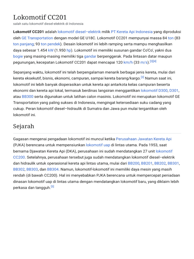 Spesifikasi Lokomotif CC201 di Indonesia | PDF