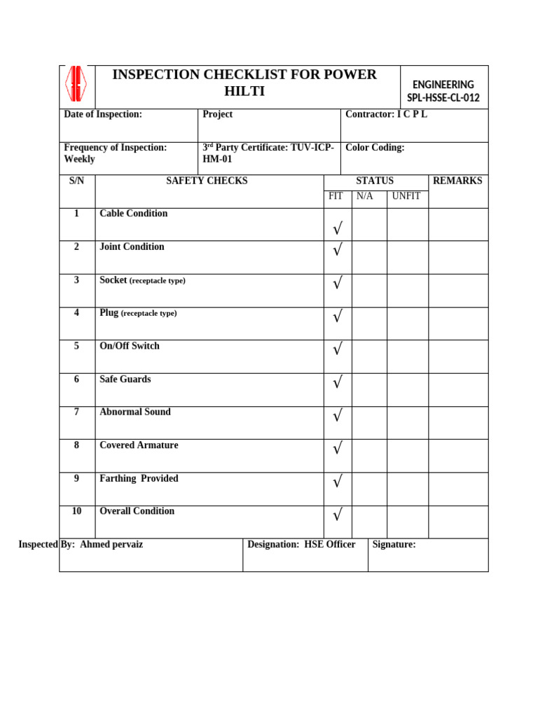 Inspection Checklist For Power Hilti (SPL-HSSE-CL-012) | PDF