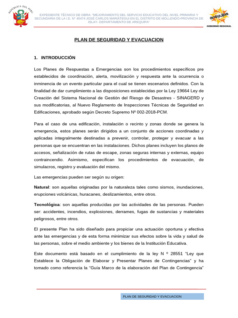 Plan de Seguridad y Evacuación Escolar | PDF | Policía | Defensa Civil