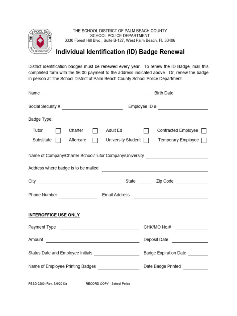 ID Badge Renewal Form for School Staff | PDF