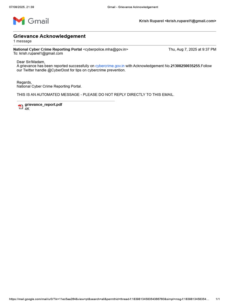 Cyber Crime Grievance Acknowledgement | PDF