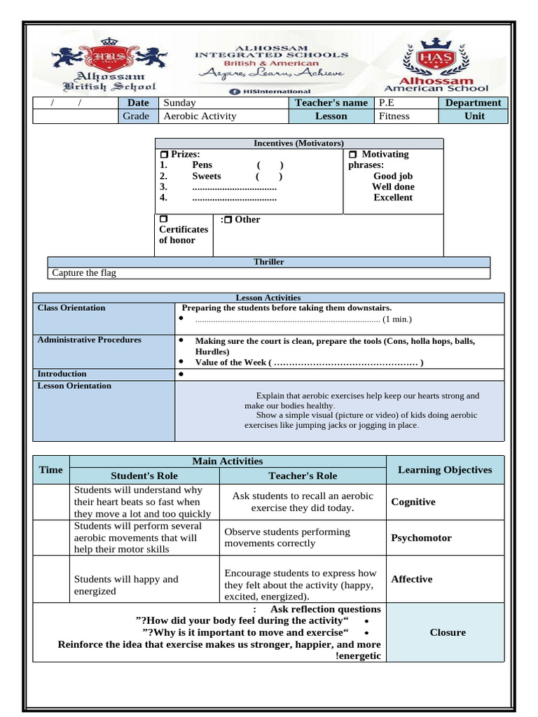 Aerobic Fitness Lesson Plan for Kids | PDF | Behavior Modification ...
