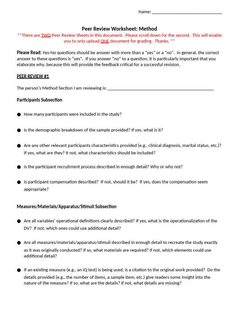 Peer Review Worksheet for Method Section | PDF | Peer Review