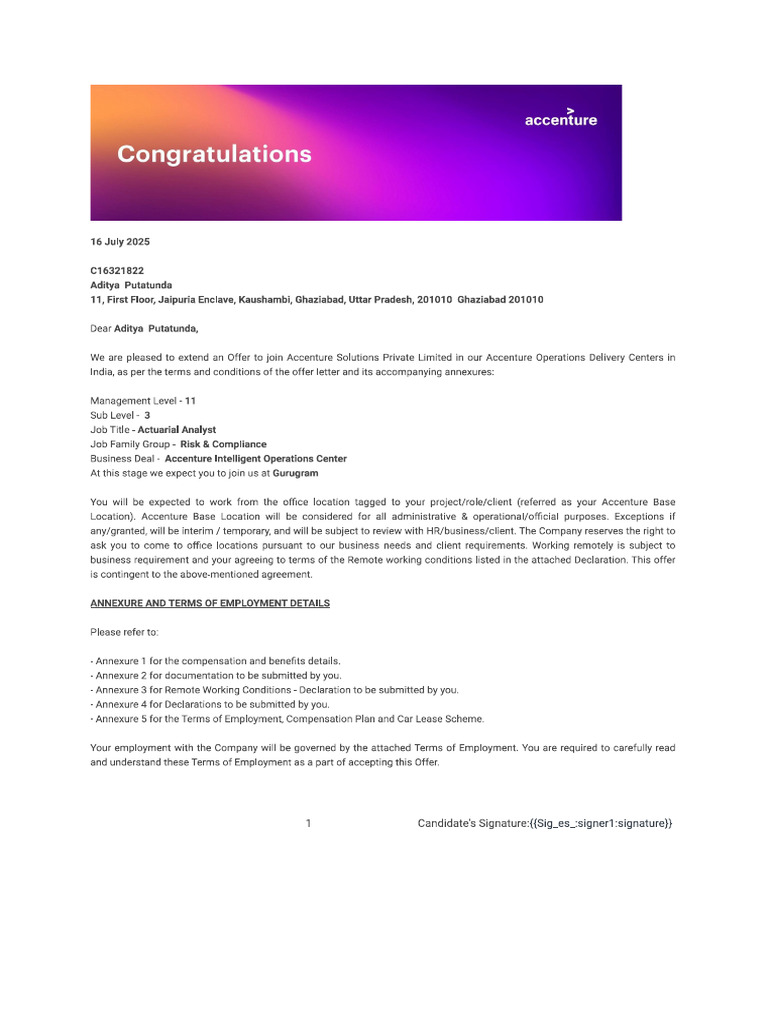 Accenture Offer Letter | PDF