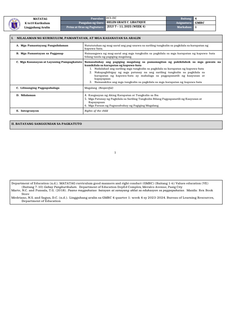 DLL Matatag - GMRC 4 Q1 W4 | PDF