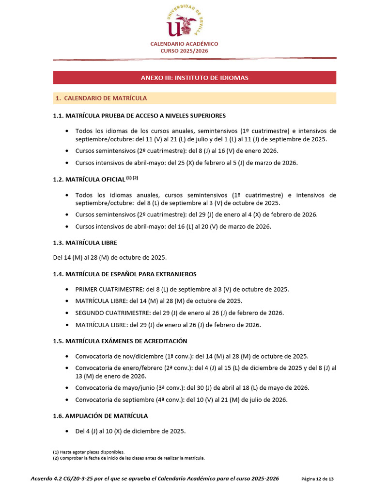 Calendario de Matrícula 2025-2026 | PDF