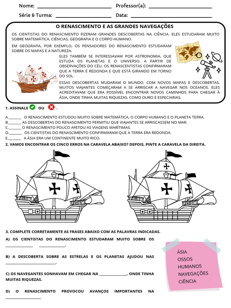 Atividade adaptada sobre grandes navegações | PDF | Era dos ...