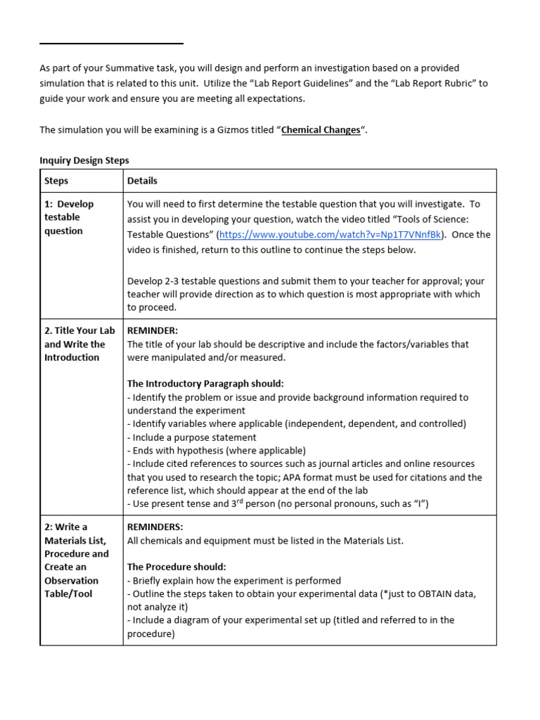 Chemical Changes Lab Investigation Guide | PDF | Experiment | Data