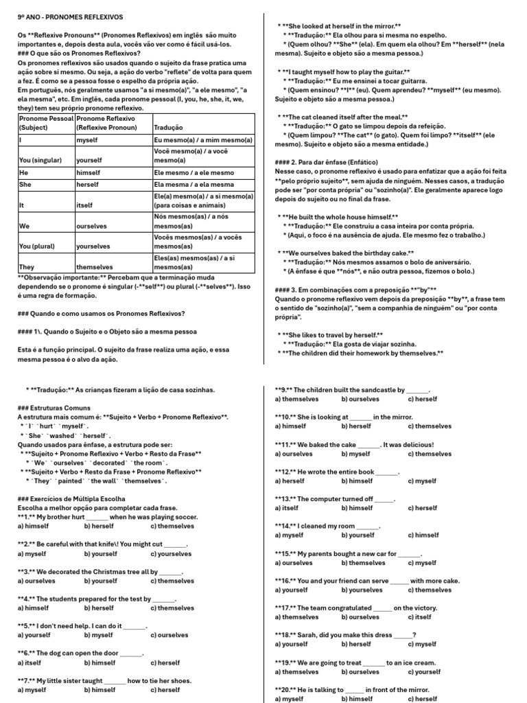 Pronomes Reflexivos em Inglês: Guia Completo | PDF | Assunto (gramática ...