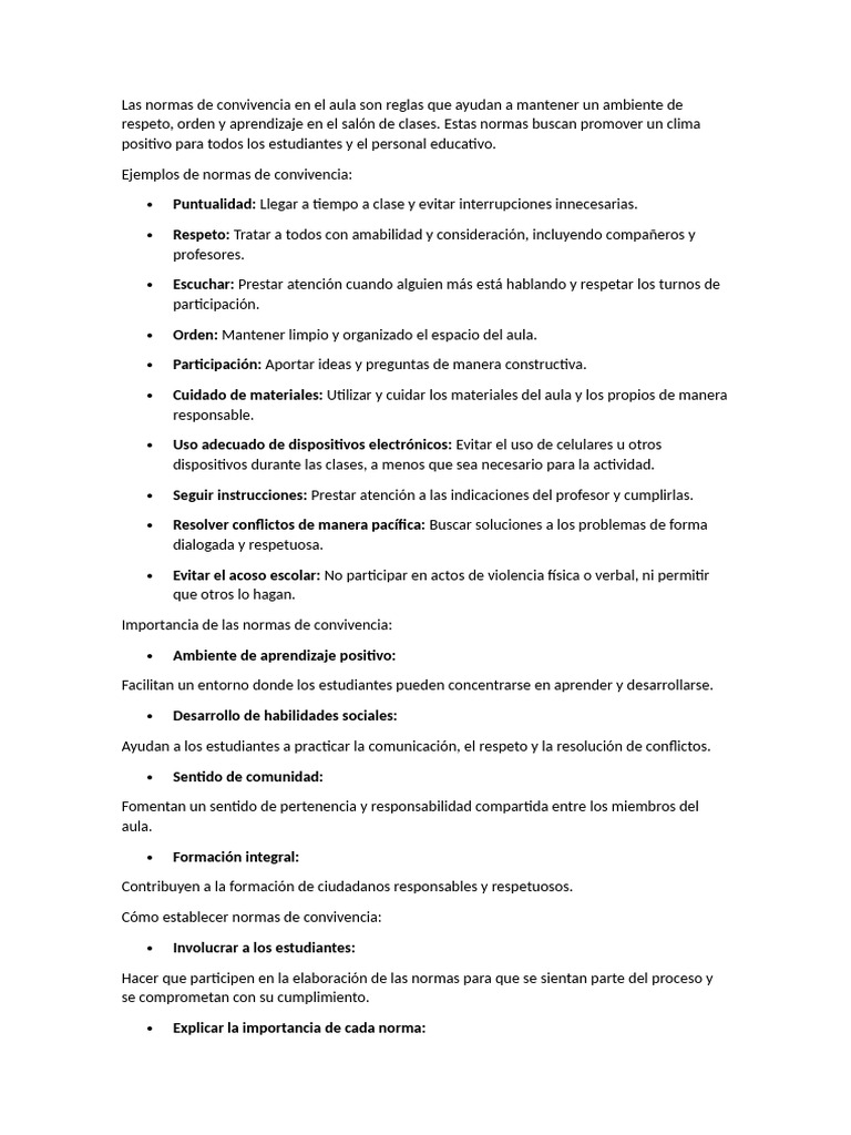 Normas de Convivencia en el Aula | PDF | Salón de clases | Aprendizaje