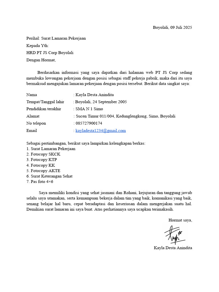 Surat Lamaran Kerja di PT JS Corp | PDF