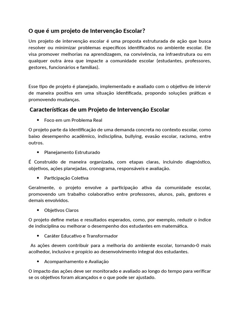 O Que É Um Projeto de Intervenção Escolar | PDF | Planejamento | Racismo