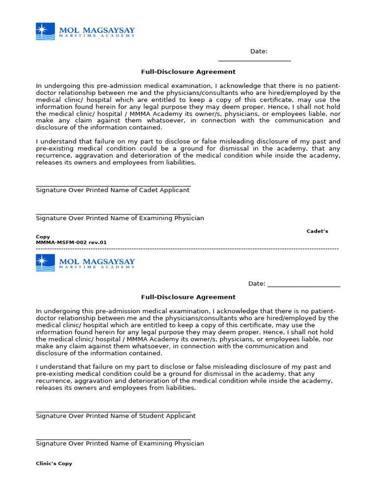 MMMA-MSFM-002 Rev.01 Full Disclosure Agreement Form | PDF | Legal ...