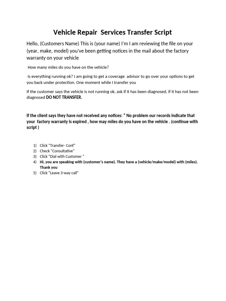 Vehicle Warranty Transfer Script | PDF