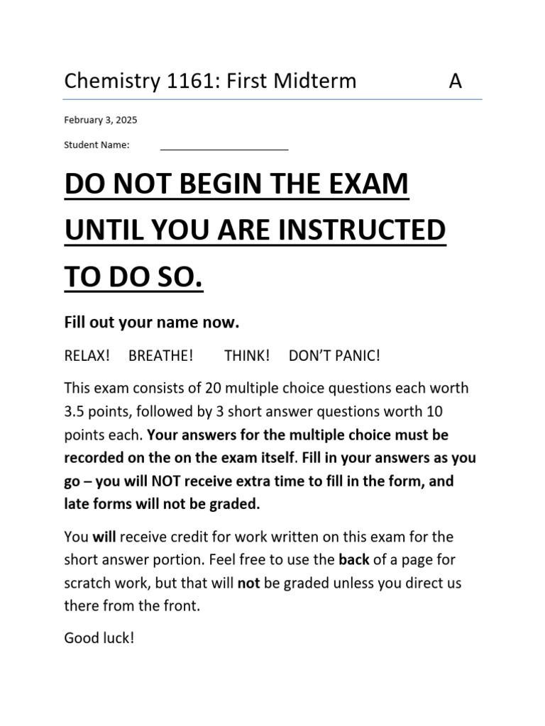 Do Not Begin The Exam Until You Are Instructed To Do So.: Chemistry ...