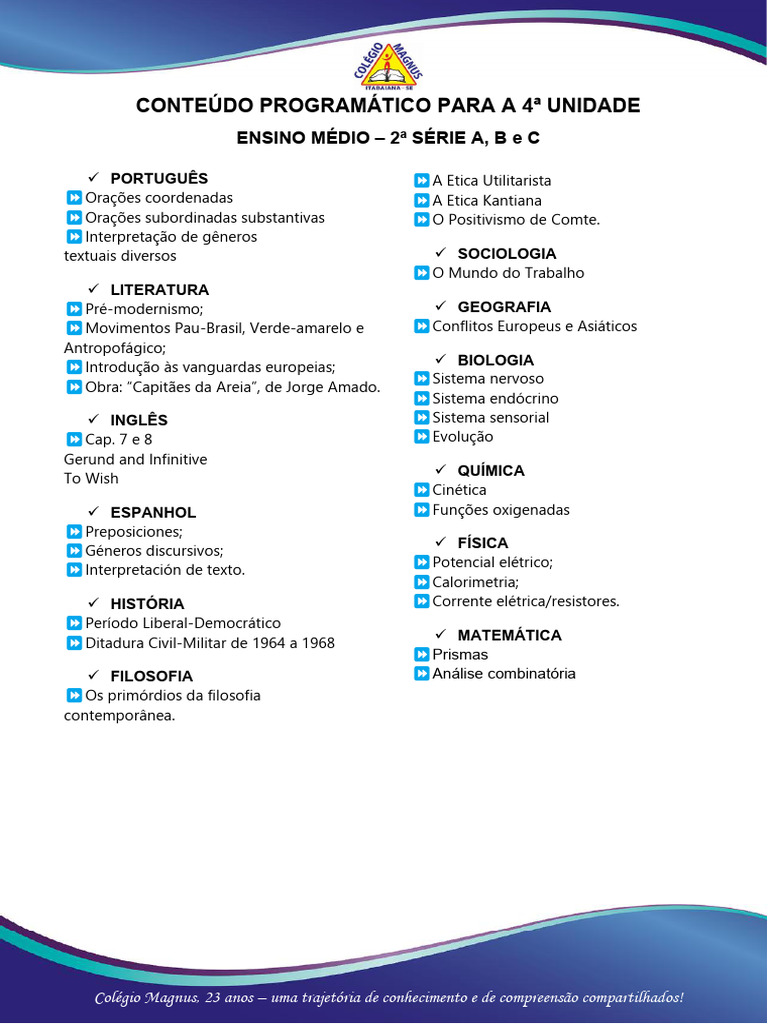 Conteúdo Programático 4ª Unidade Ensino Médio | PDF