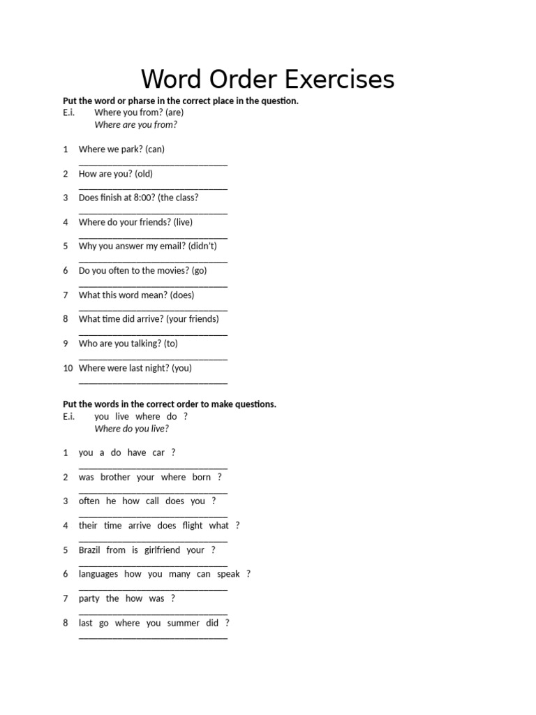 Word Order Exercises | PDF