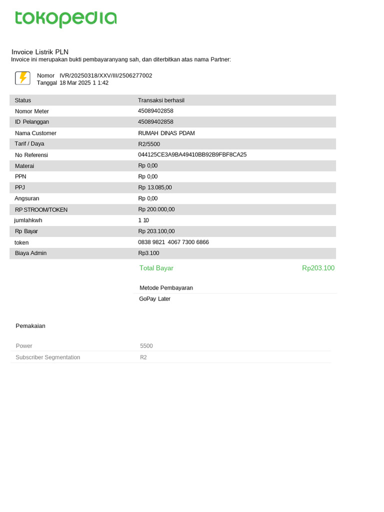 Invoice Listrik PLN: Rincian Pembayaran | PDF