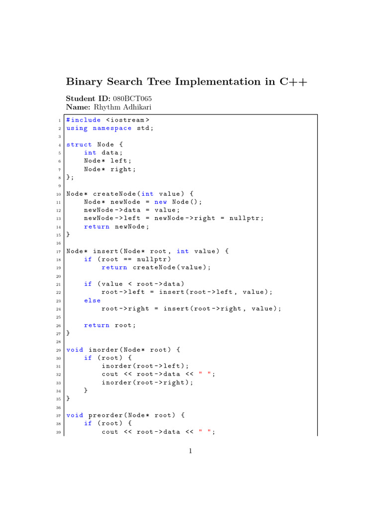C++ Binary Search Tree Code Example | PDF