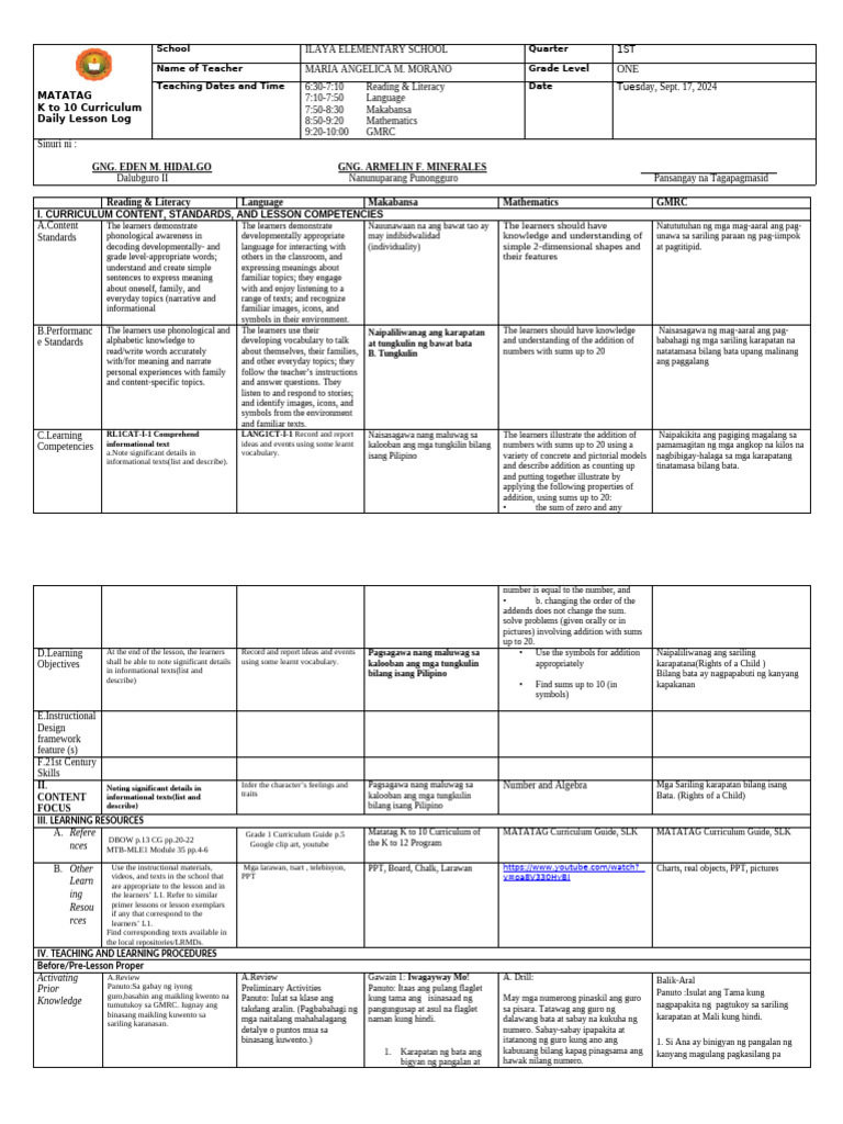 Matatag K To 10 Curriculum Daily Lesson Log: School Quarter Name of ...