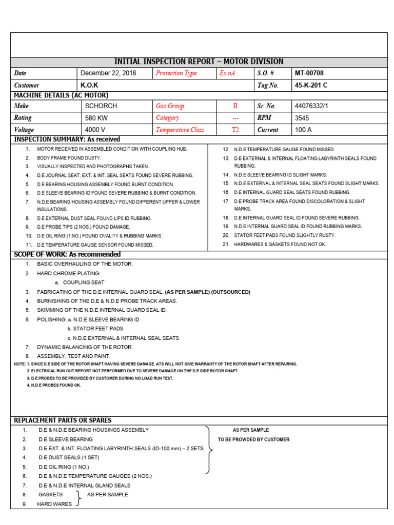 Motor Division Initial Inspection Report | PDF | Alternating Current ...