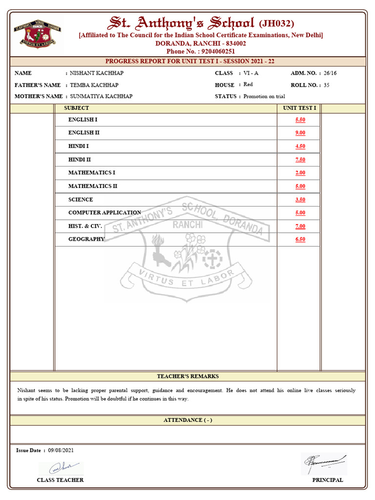 Nishant's Unit Test I Progress Report | PDF