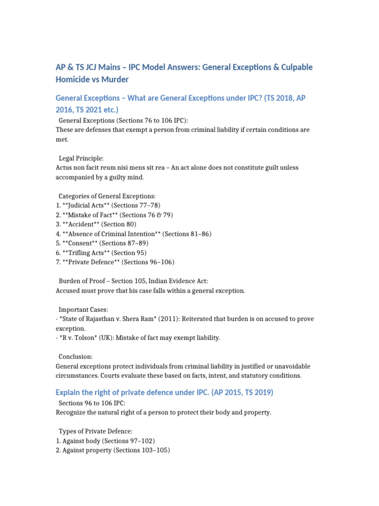 General Exceptions Culpable Homicide Murder JCJ Model Answers | PDF ...