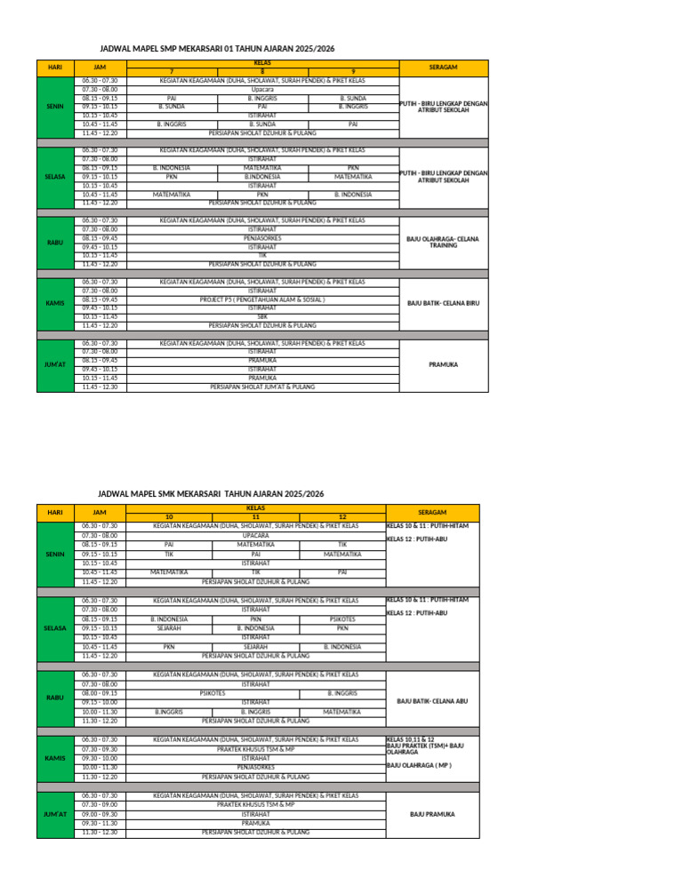 Jadwal Mapel SMP & SMK 2025/2026 | PDF