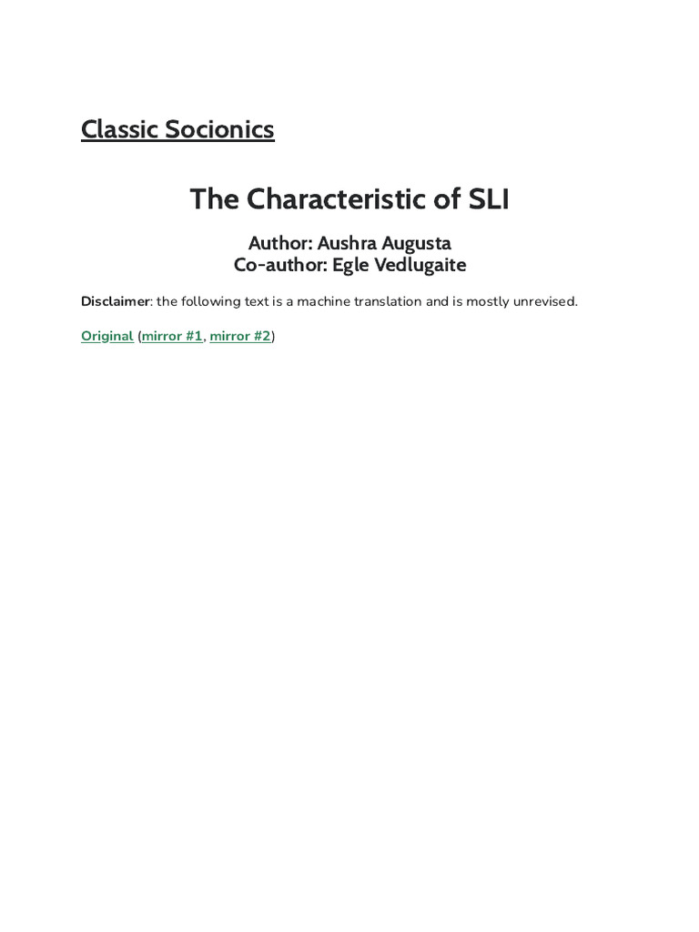 The Characteristic of SLI - Classic Socionics | PDF | Jealousy | Emotions