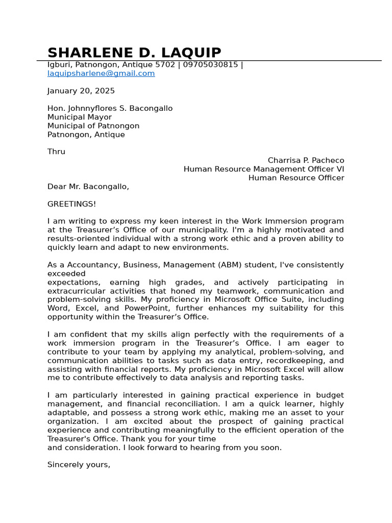 Work Immersion Application for Treasurer's Office | PDF