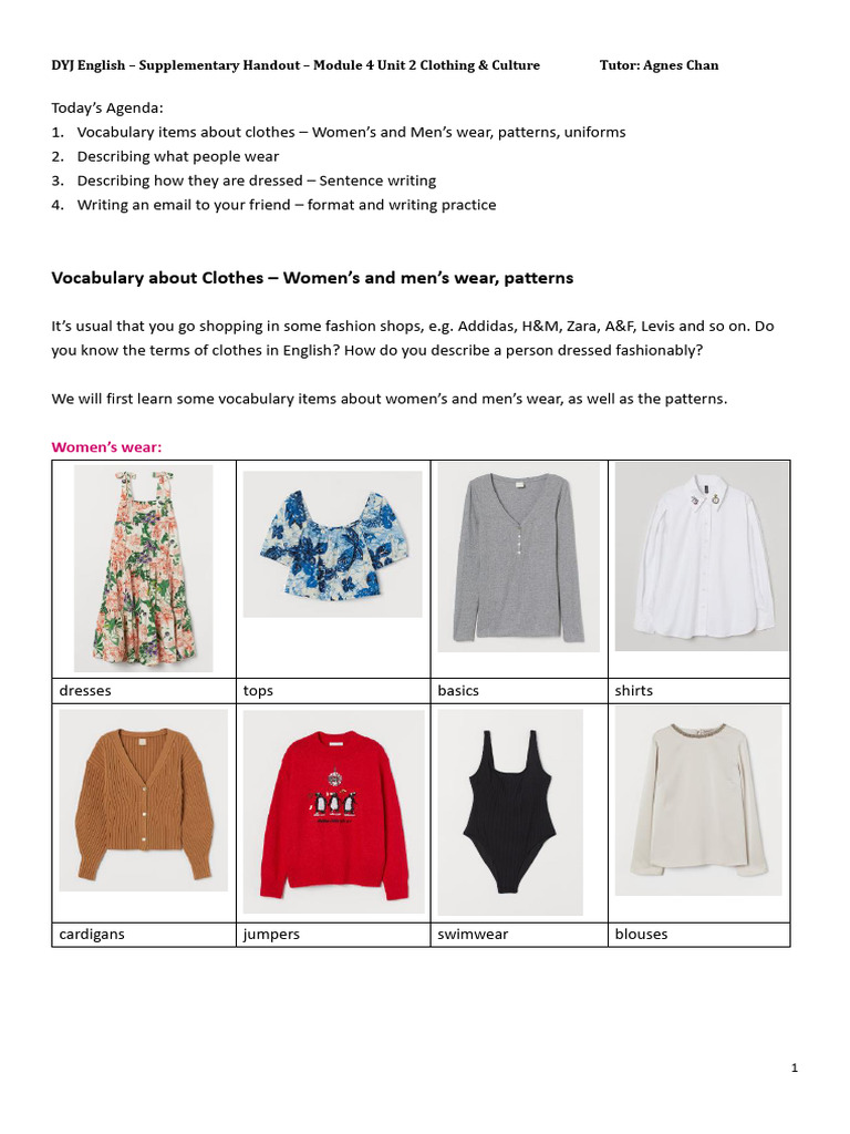 Clothing Vocabulary and Email Writing Guide | PDF | Clothing | Sweater