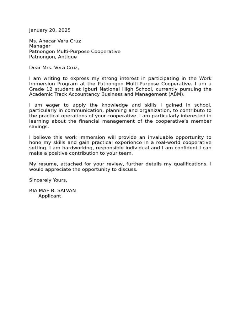 Work Immersion Application Letter | PDF