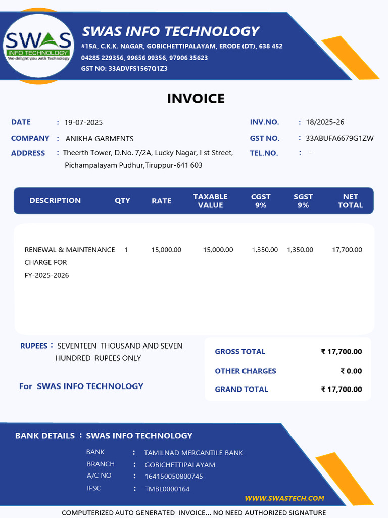 SWAS Info Technology Invoice FY 2025-26 | PDF