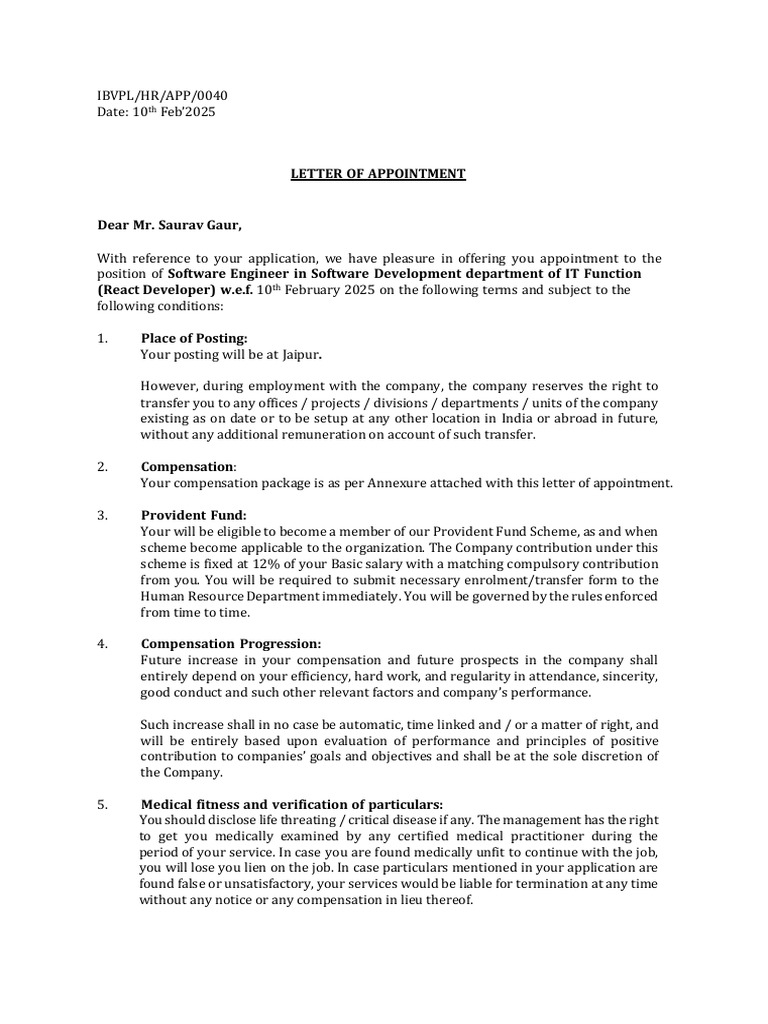Software Engineer Appointment Letter | PDF | Salary | Employment