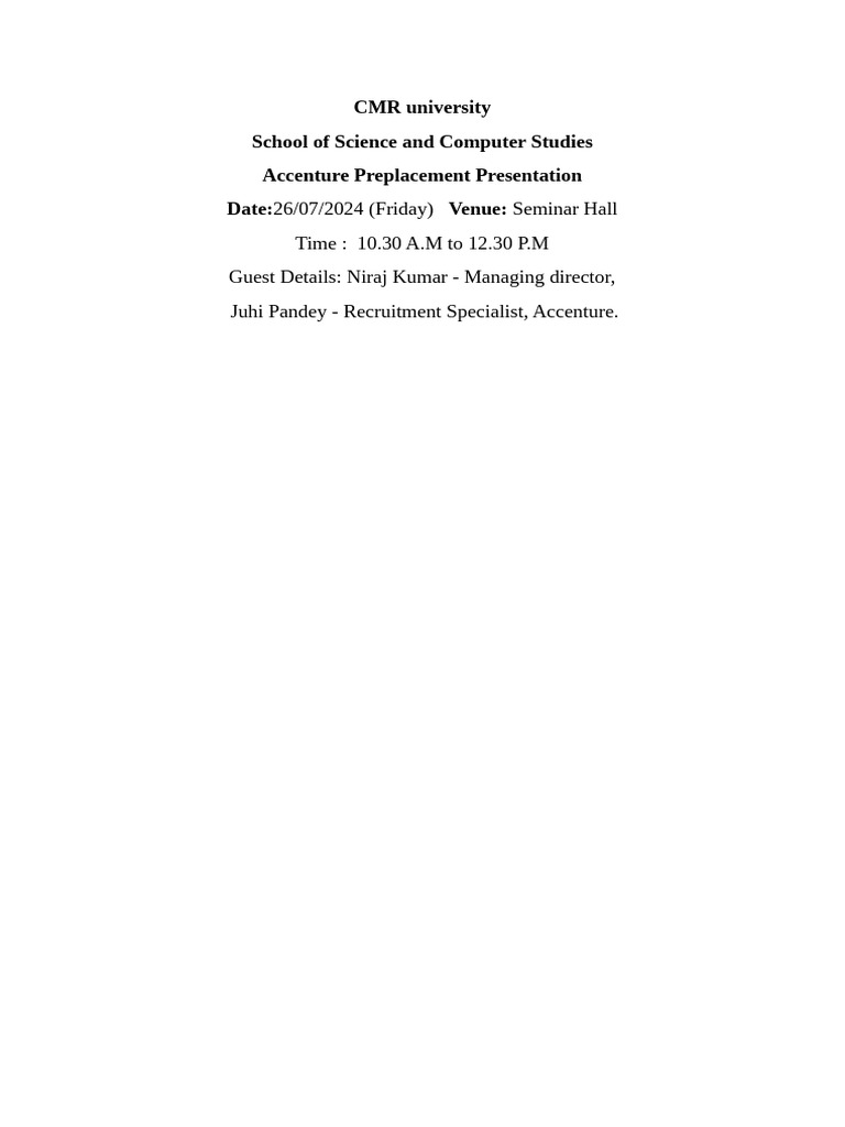 Accenture Preplacement Presentation at CMR University | PDF