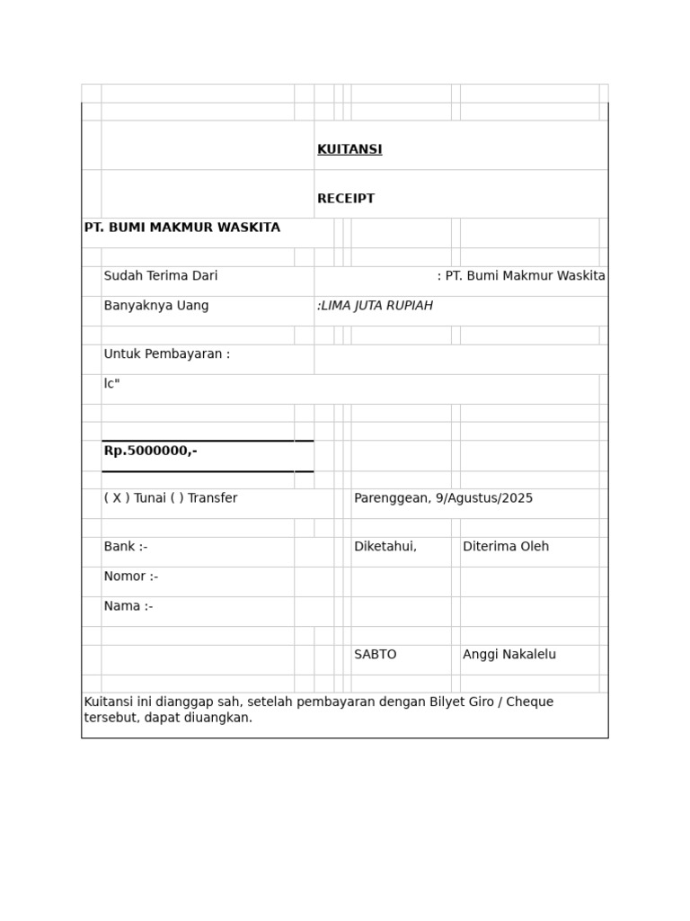 Kuitansi Pembayaran Tunai Rp5 Juta | PDF