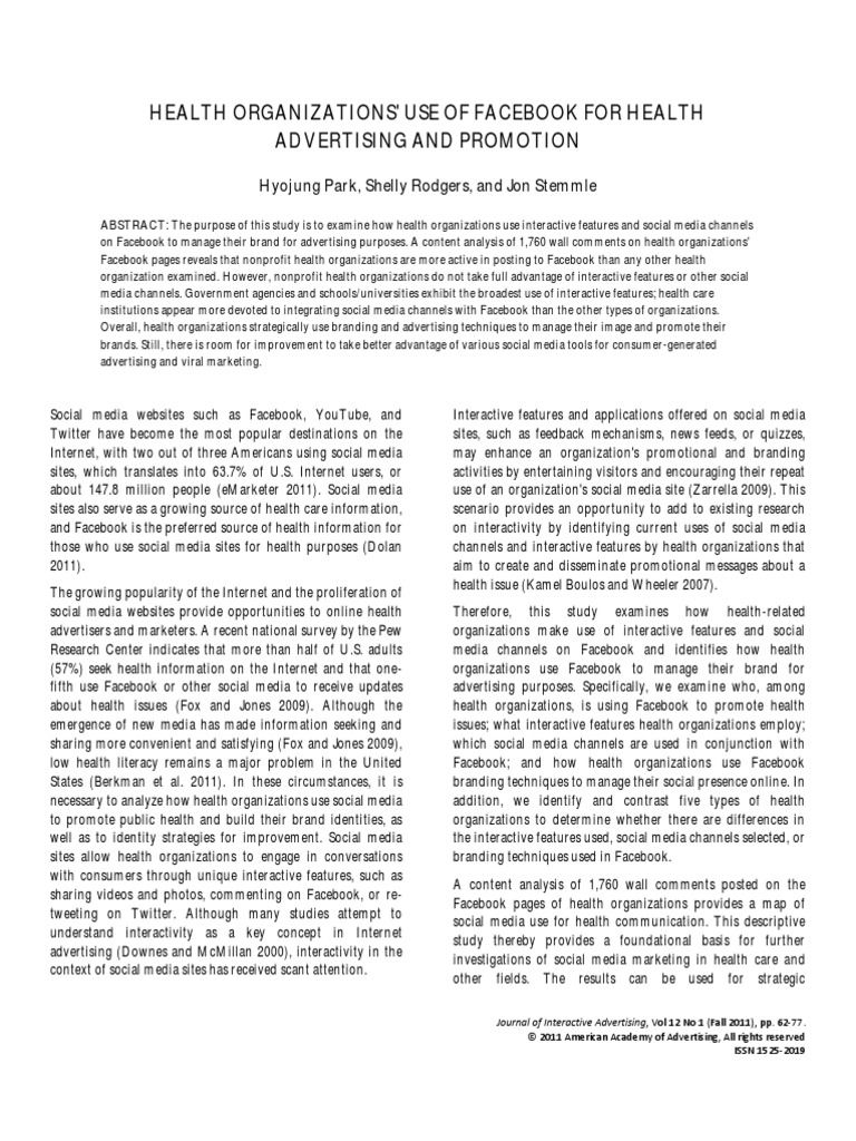 Health Organizations' Use of Facebook For Health Advertising and ...