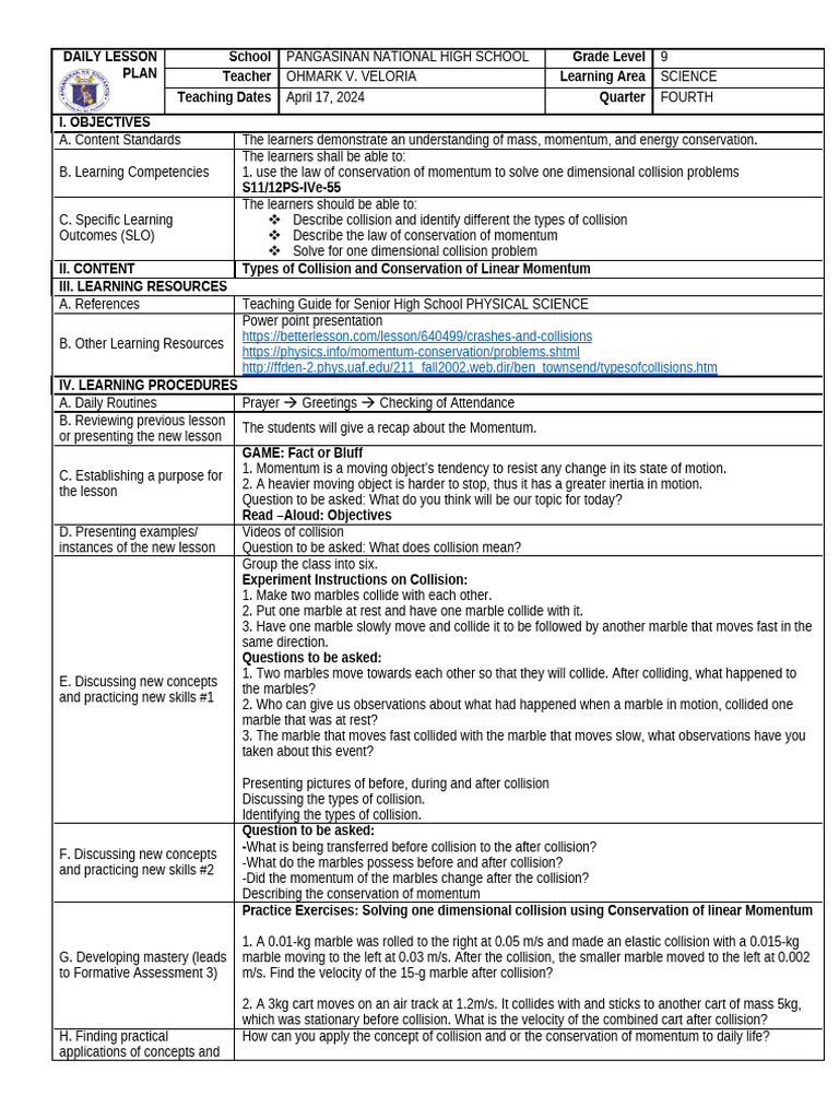 Grade 9 Science: Collision & Momentum Lesson | PDF | Momentum | Collision
