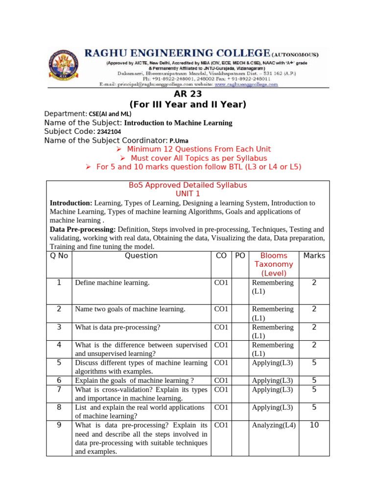 CSE AI & ML Machine Learning Syllabus | PDF | Receiver Operating ...