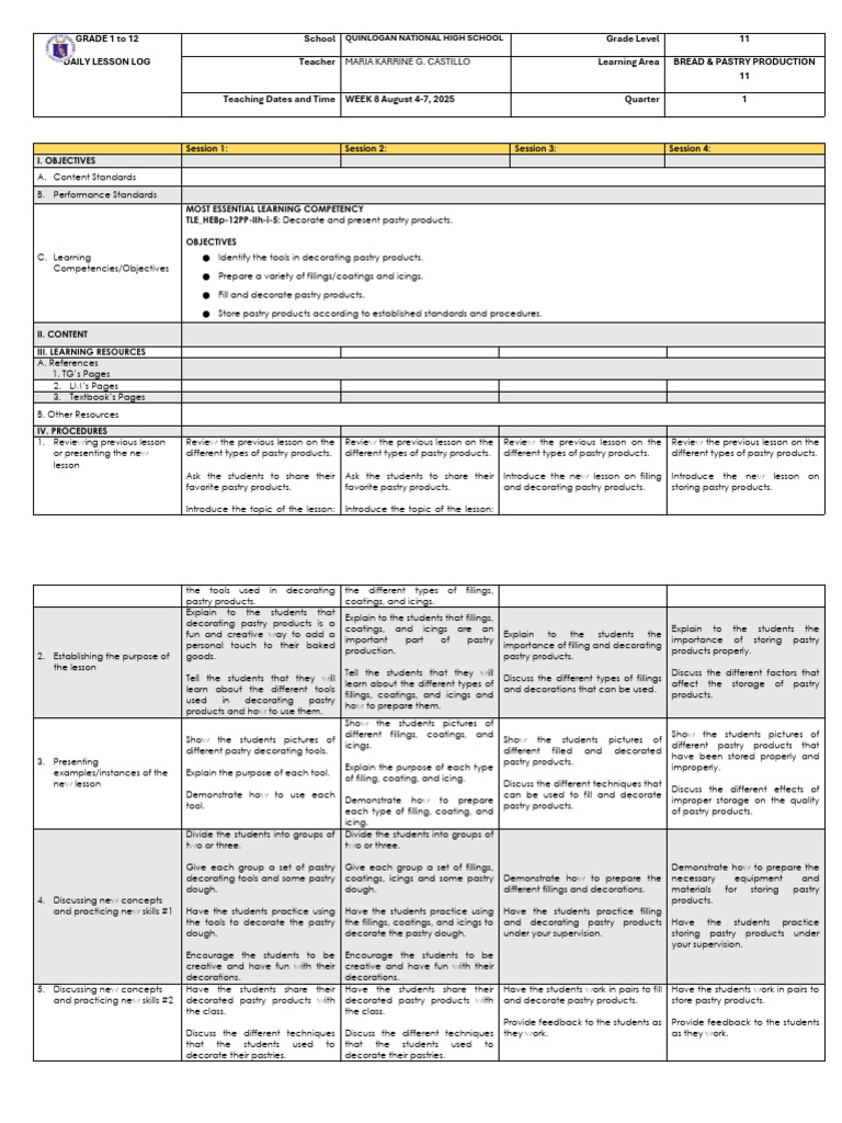 Grade 11 Pastry Production Lesson Plan | PDF | Cognition | Intelligence