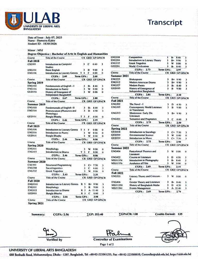 Humaira Kabir BSC Transcript | PDF