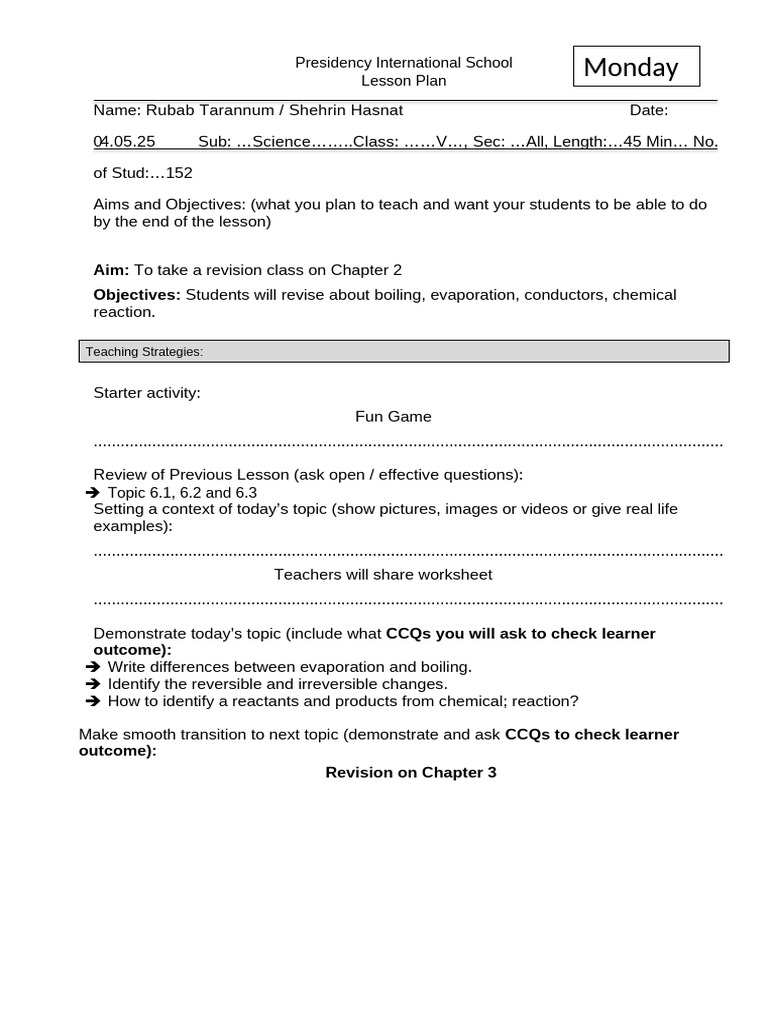 Science Lesson Plan: Chapter 2 Revision | PDF | Behavior Modification ...