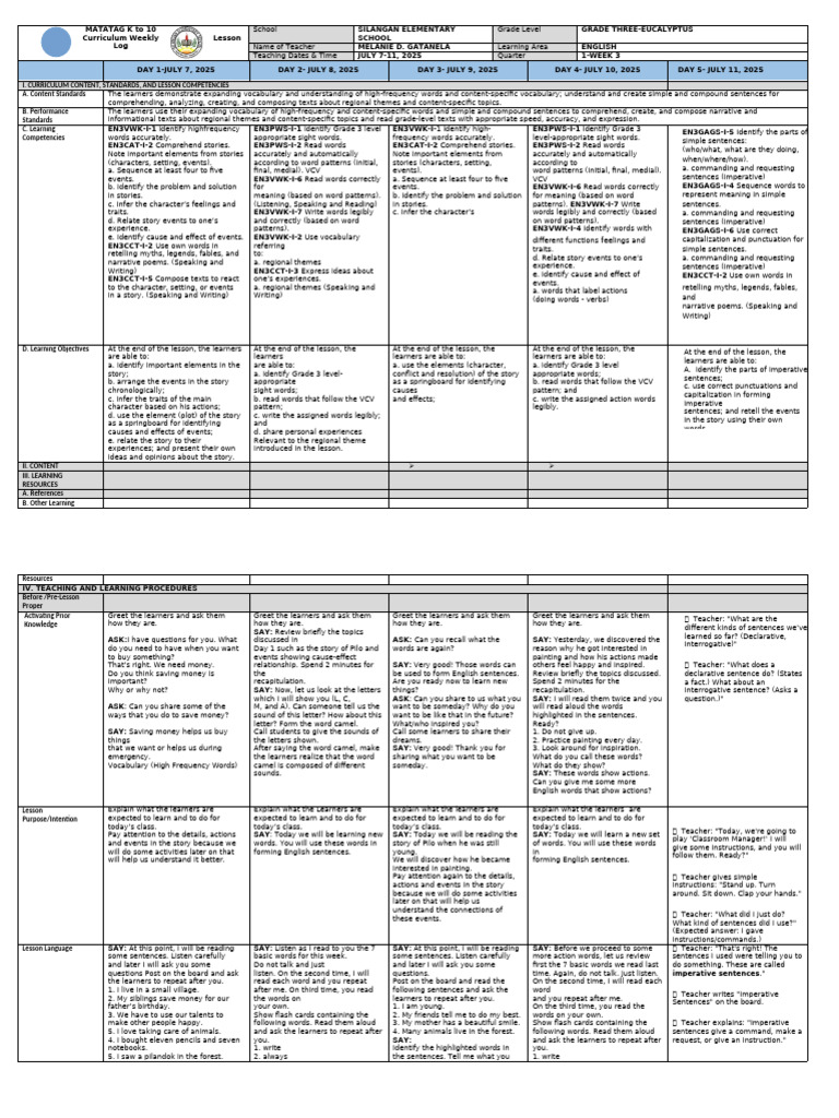 Week 3 English Curriculum Overview | PDF | Narrative | Vocabulary