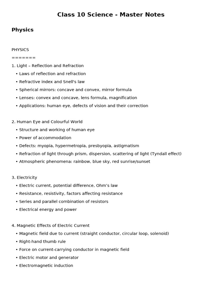 Class 10 Science Master Notes Summary | PDF | Chemistry | Physical Sciences