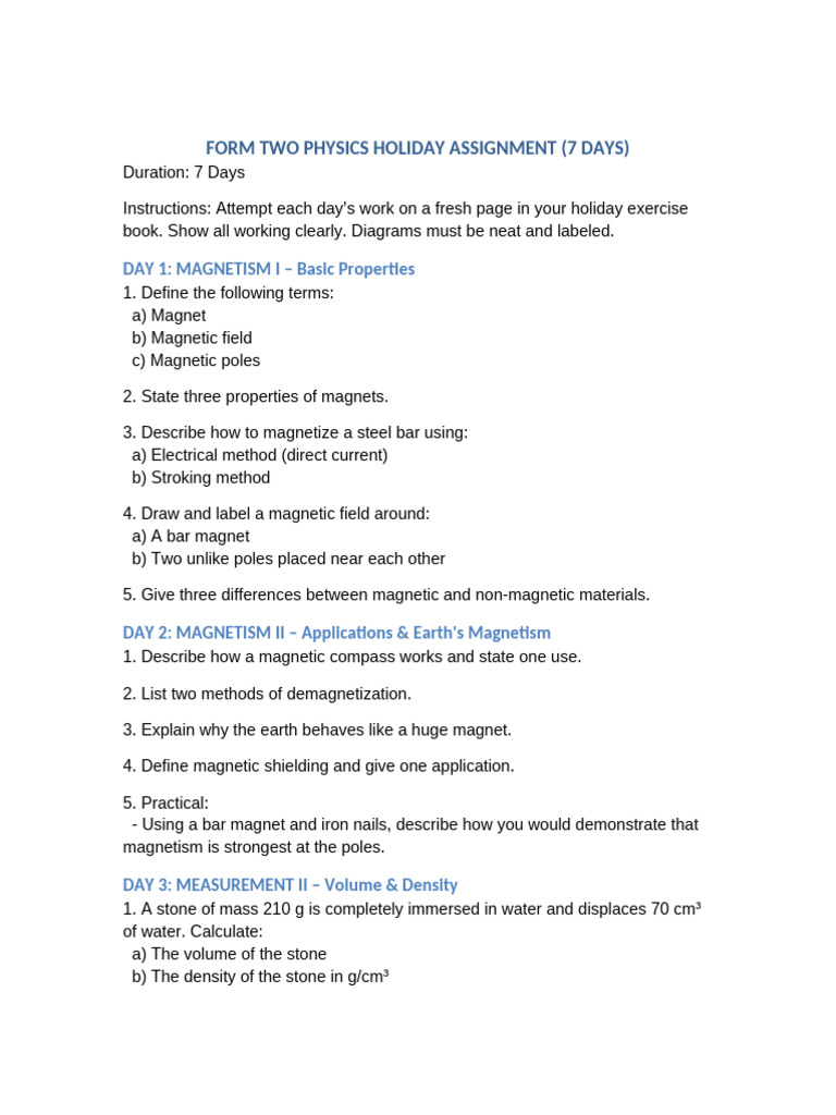Form Two Physics Holiday Assignment | PDF | Mirror | Magnet