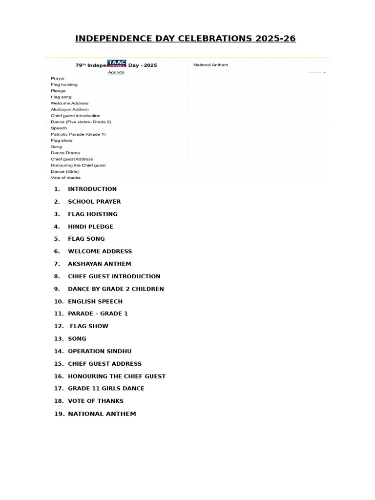 Independence Day Celebration Agenda | PDF